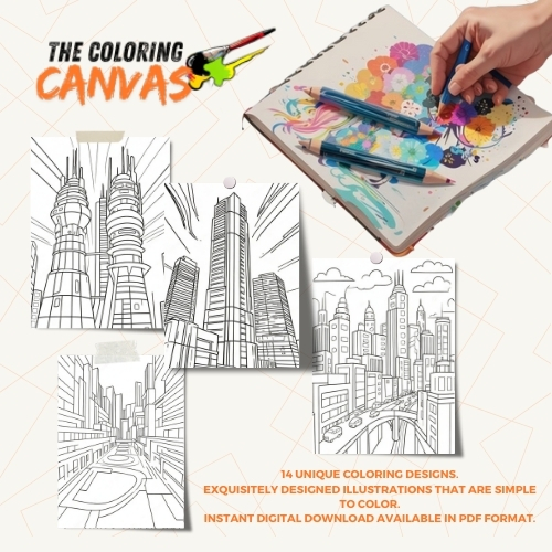 The Coloring Canvas Neon Cityscapes Coloring Book